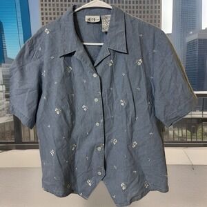 Vintage Cute Cricket Lane  Short Sleeve Jean Shirt w/Floral Embroidery - Size 14